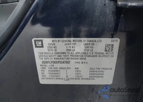 2015 Chevrolet Equinox 1Lt from USA, damaged, VIN 2GNFLFEKXF6347907